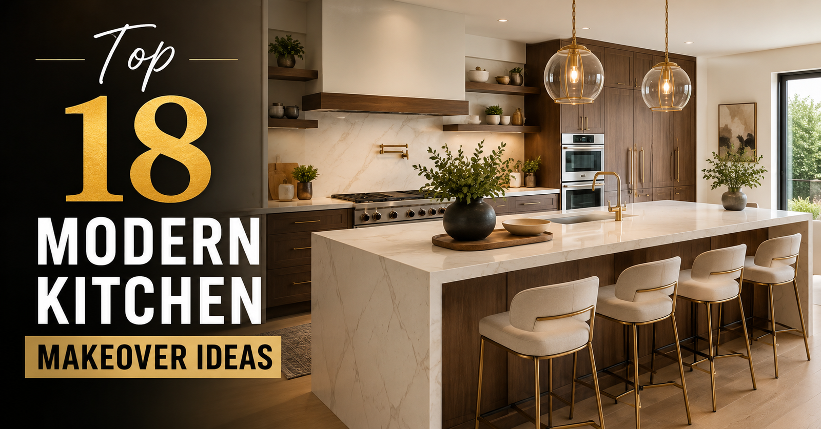 "Professional blog feature image (1200x628), clean modern composition showing top modern kitchen makeover ideas, strong focus on a luxurious contemporary kitchen with stylish cabinets, kitchen island, elegant lighting, premium countertops, and modern decor details, soft natural lighting, warm tones, editorial photography style, minimal background, bold text overlay 'Top 18 Modern Kitchen Makeover Ideas', highly clickable, realistic home design magazine style, no people"