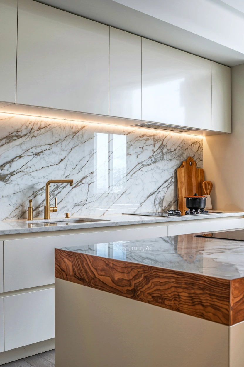 Close editorial view of an elegant kitchen preparation area featuring a durable white quartz worktop, a richly veined marble-look full-height splashback, a warm butcher-block island edge, under-cabinet lighting, minimal brass tapware, a few carefully placed cooking accessories, realistic material texture, clean grout-free surfaces, soft natural lighting, modern luxury atmosphere, strong visual focus on the worktop and splashback combination, no people, no text overlay, high-quality Pinterest and blog-friendly 2:3 vertical composition, small subtle “AstheticHaven” watermark in the lower corner.