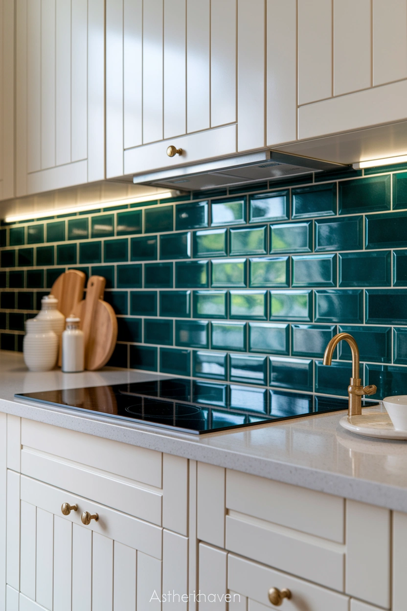 Close-up realistic editorial photograph of a kitchen cooking wall featuring handmade glossy green zellige tiles, warm white shaker cabinets, pale quartz worktop, simple brass pot filler, soft under-cabinet lighting, subtle variations in tile colour and texture, minimal cooking accessories, clean Pinterest-friendly styling, strong focus on the tiled splashback, no people, no text overlay, high-resolution 2:3 vertical composition, subtle “AstheticHaven” watermark positioned in the bottom corner.