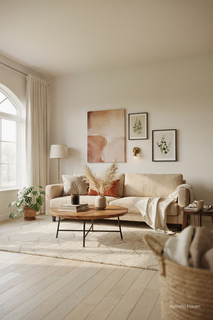 2:3 aspect ratio, realistic modern editorial living room renovation image, outdated traditional living room transformed into a bright contemporary space, comfortable sofa, neutral colors, modern coffee table, stylish wall decor, layered lighting, wooden accents, cozy atmosphere, clean interior design photography, blog-friendly composition, no people, high quality details, subtle watermark “Asthetic Haven”