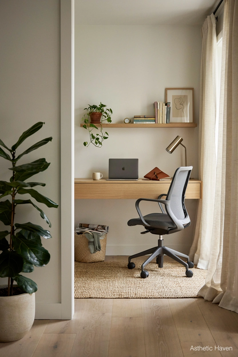2:3 aspect ratio, realistic modern home office renovation photography, outdated small office transformed into a stylish productive workspace, elegant desk, ergonomic chair, wall shelves, plants, modern lighting, organized storage, clean contemporary interior, editorial blog style, no people, high quality realistic details, subtle watermark “Asthetic Haven”