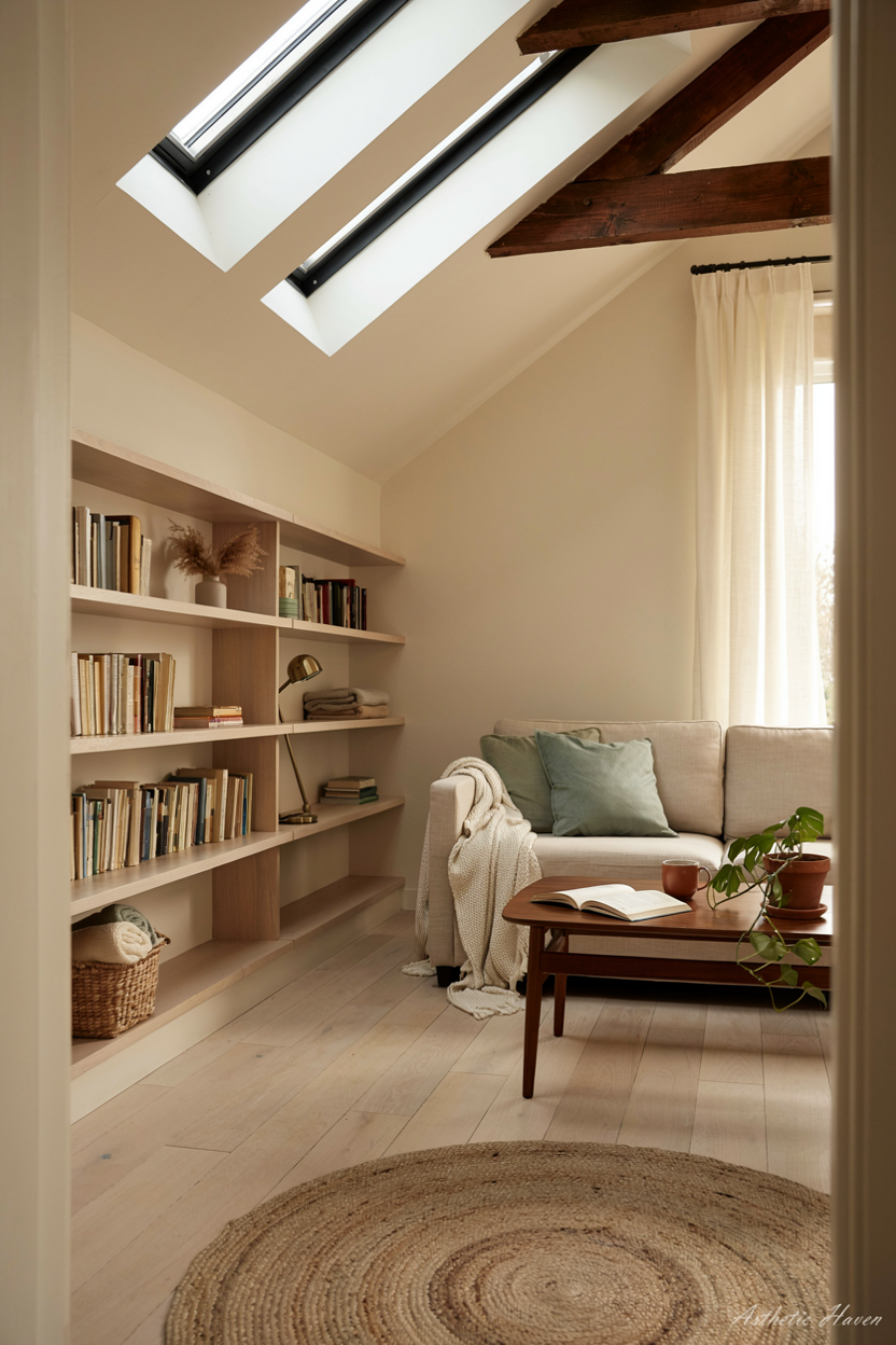 2:3 aspect ratio, realistic attic renovation editorial photography, old unused attic transformed into a cozy modern room, sloped ceiling, skylight windows, comfortable seating, wooden accents, built-in storage, warm natural lighting, minimalist home design, Pinterest-style interior composition, no people, high quality details, subtle watermark “Asthetic Haven”