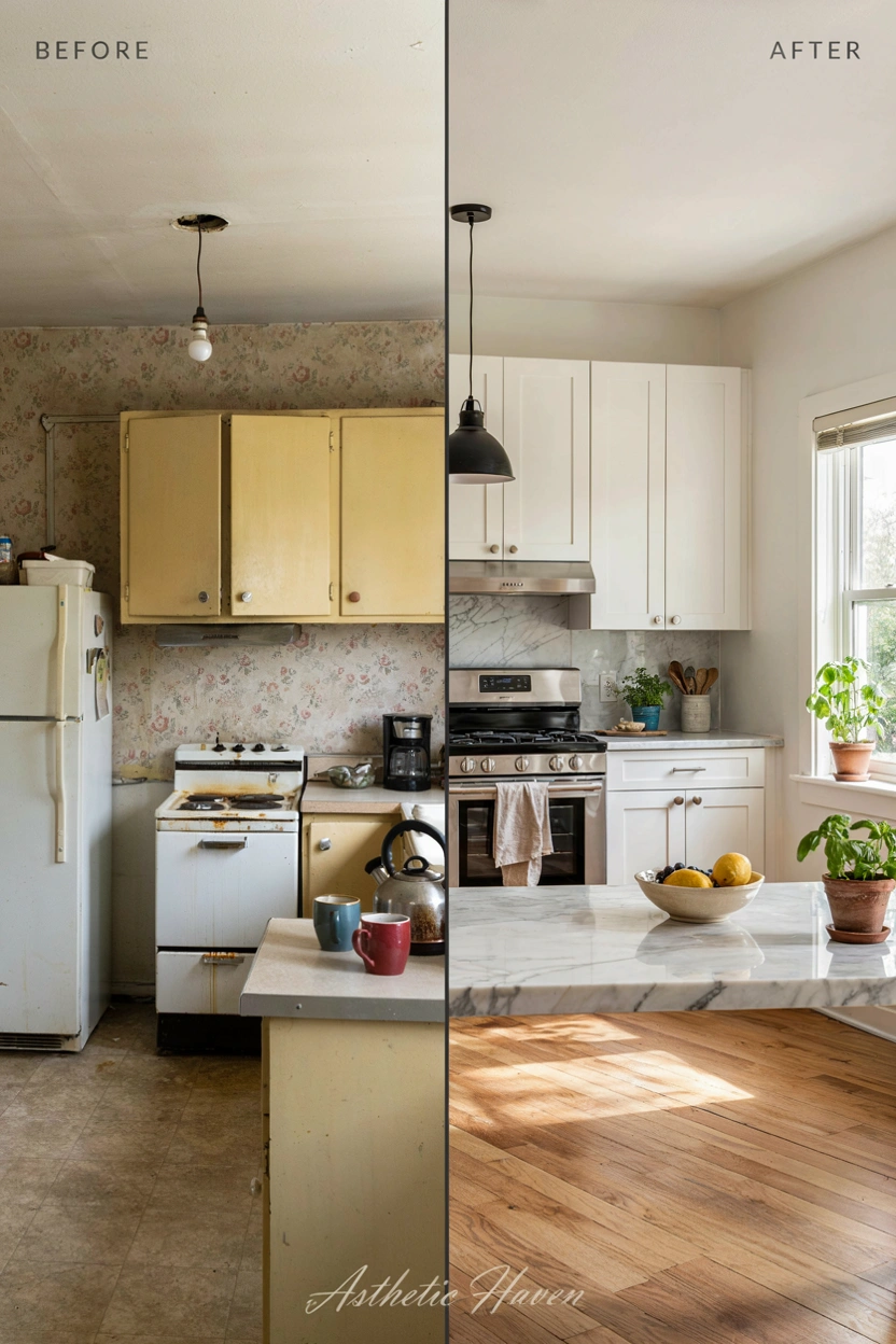 2:3 aspect ratio, realistic modern editorial photography style showing a stunning before and after kitchen renovation concept, split view of an outdated small kitchen transformed into a bright modern kitchen with white cabinets, marble countertops, elegant lighting, wooden flooring, stylish storage solutions, clean blog-friendly design, warm natural sunlight, Pinterest-inspired composition, high quality realistic details, subtle watermark “Asthetic Haven”
