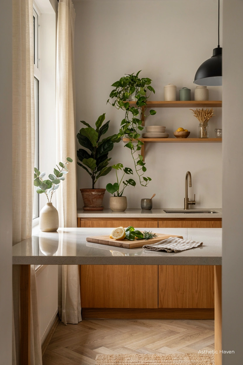 Realistic modern kitchen interior, 2:3 aspect ratio, beautiful kitchen decorated with indoor plants, fresh herbs, wooden accessories, modern cabinets, clean countertops, natural textures, bright sunlight, cozy contemporary home atmosphere, editorial interior photography, Pinterest-friendly layout, no people, high quality realistic details, add a small subtle watermark “Asthetic Haven”