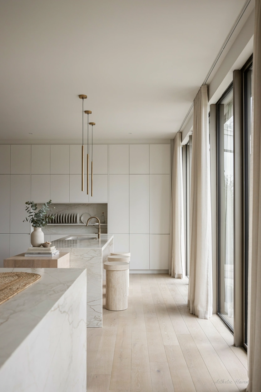 Realistic modern editorial kitchen interior, 2:3 aspect ratio, minimalist white kitchen design with sleek white cabinets, marble countertops, hidden storage, modern pendant lighting, clean open layout, soft natural sunlight coming through windows, luxury home magazine style, Pinterest-friendly composition, no people, high quality realistic photography, add a small subtle watermark “Asthetic Haven”