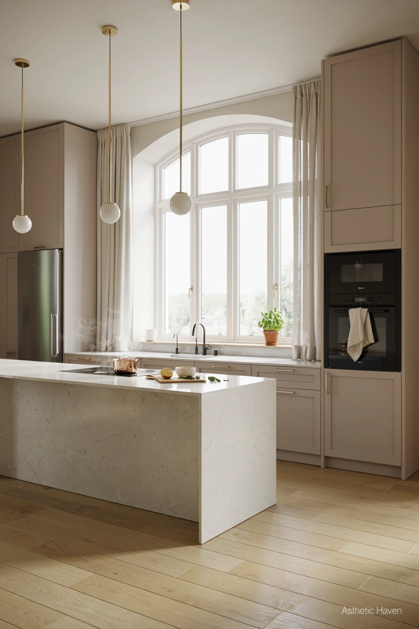 Realistic luxury modern kitchen interior, 2:3 aspect ratio, sleek stainless steel and built-in smart appliances, modern refrigerator, oven, induction cooktop, clean countertops, contemporary cabinets, organized cooking space, bright natural lighting, editorial home design photography, Pinterest-friendly composition, no people, add a small subtle watermark “Asthetic Haven”