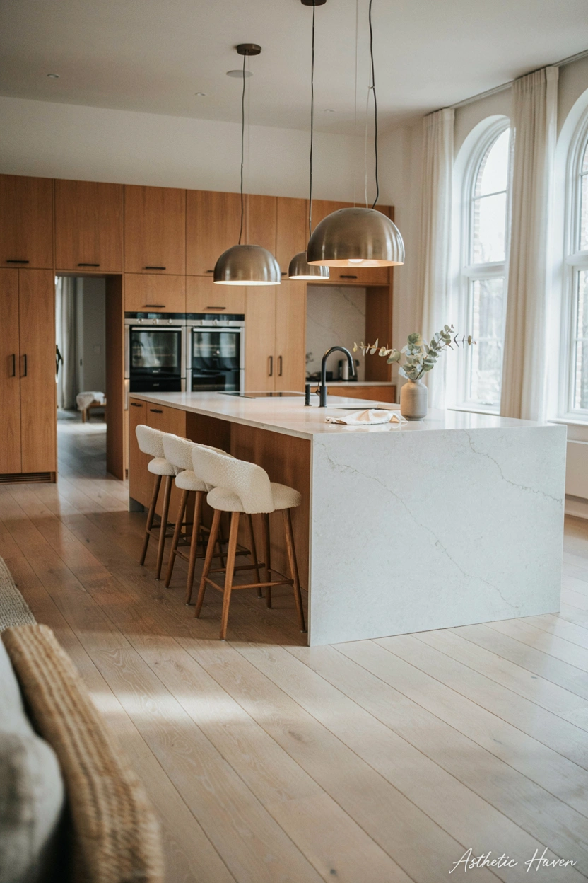 Realistic modern kitchen interior, 2:3 aspect ratio, large stylish kitchen island as the main focal point, quartz countertop, elegant bar stools, pendant lights above island, contemporary cabinets, spacious open-plan layout, warm neutral colors, natural daylight, high-end editorial home photography, Pinterest blog style, no people, add a small subtle watermark “Asthetic Haven”