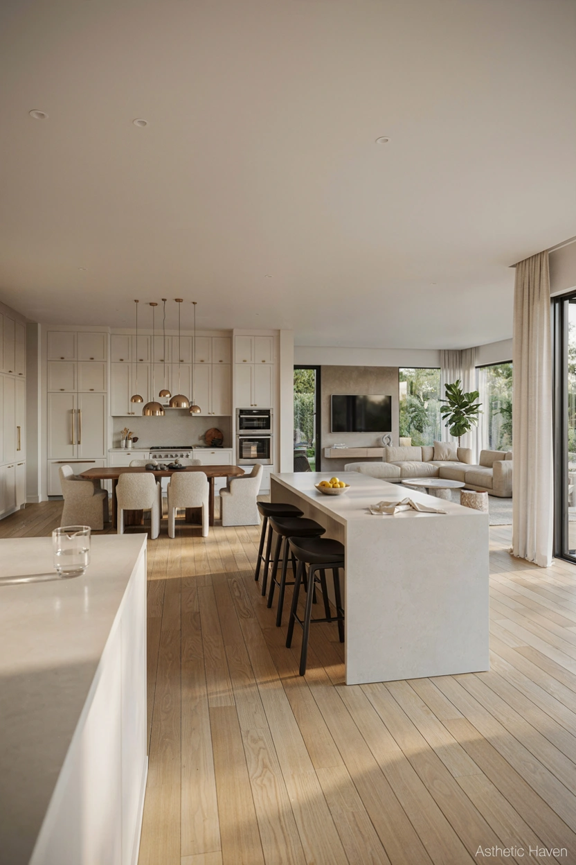 Realistic modern open concept kitchen design, 2:3 aspect ratio, spacious kitchen connected with dining and living area, large island, modern furniture, wide layout, natural sunlight, elegant flooring, contemporary interior design, luxury home editorial photography, clean Pinterest-friendly composition, no people, high quality, add a small subtle watermark “Asthetic Haven”