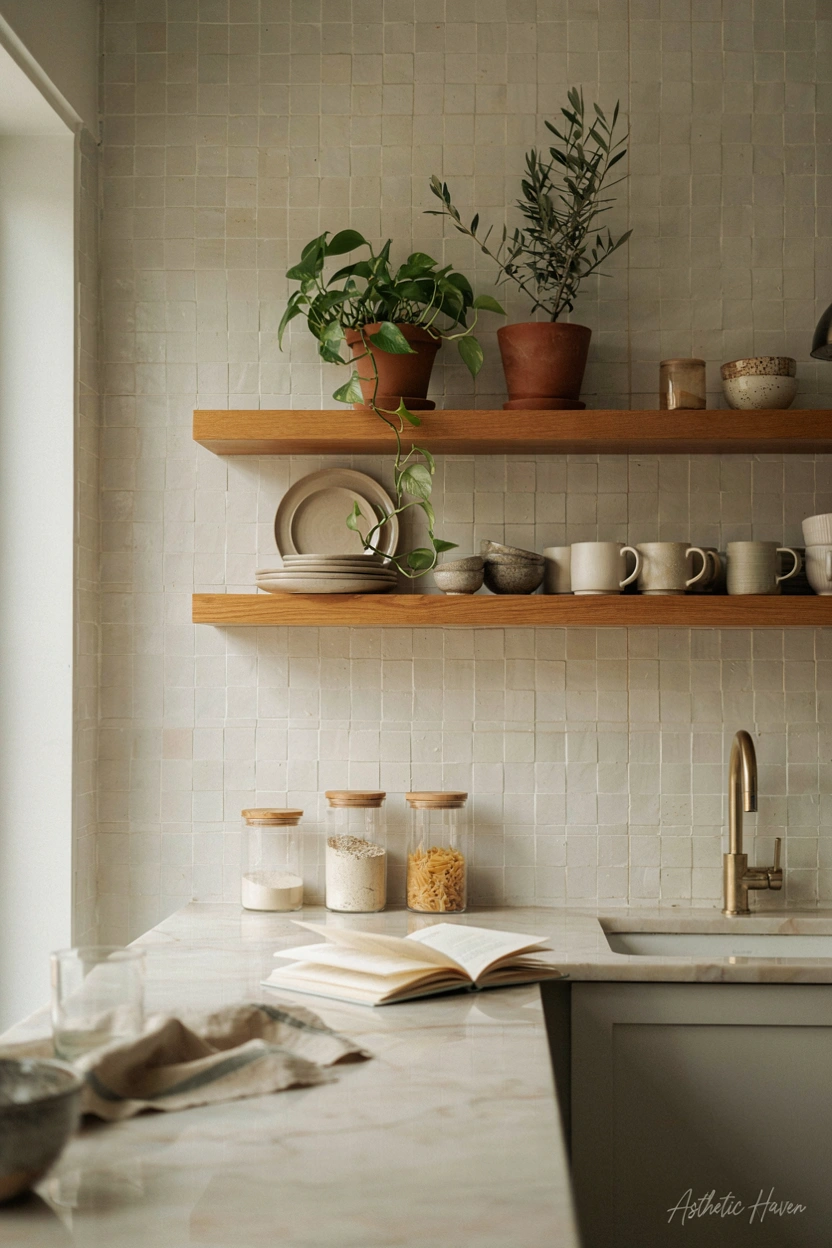 Realistic modern editorial kitchen interior, 2:3 aspect ratio, elegant floating wooden shelves mounted on kitchen wall, neatly arranged ceramic dishes, plants, glass jars, modern backsplash, stylish countertops, warm natural lighting, contemporary home decor, clean Pinterest-friendly composition, no people, high quality realistic photography, add a small subtle watermark “Asthetic Haven”