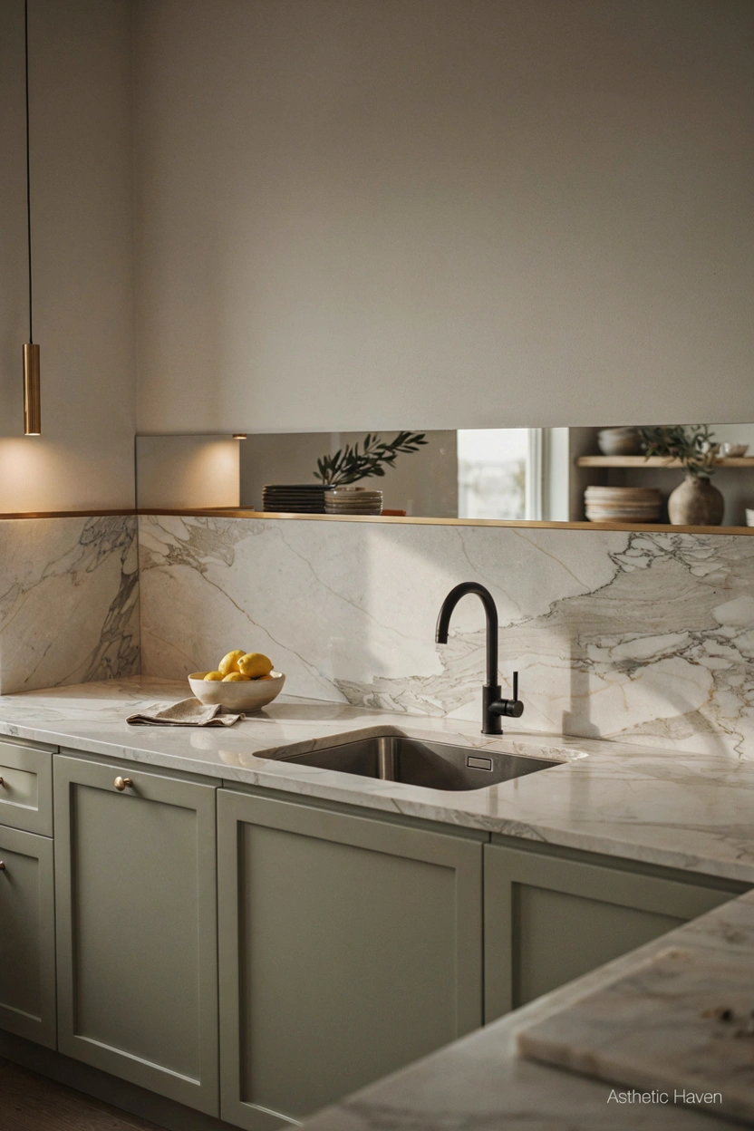 Realistic luxury modern kitchen design, 2:3 aspect ratio, close focus on elegant kitchen countertop materials, quartz stone surface, marble details, modern cabinets, stylish sink area, soft daylight, clean high-end interior photography, contemporary home magazine style, Pinterest-friendly composition, no people, high quality, add a small subtle watermark “Asthetic Haven”