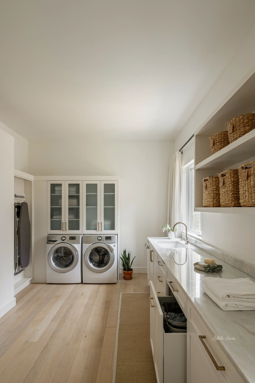2:3 aspect ratio, realistic modern laundry room renovation editorial photo, old cluttered laundry space transformed into a clean organized room, modern washer and dryer setup, built-in cabinets, folding counter, storage baskets, bright lighting, minimalist design, home organization inspiration, no people, high quality realistic photography, subtle watermark “Asthetic Haven”