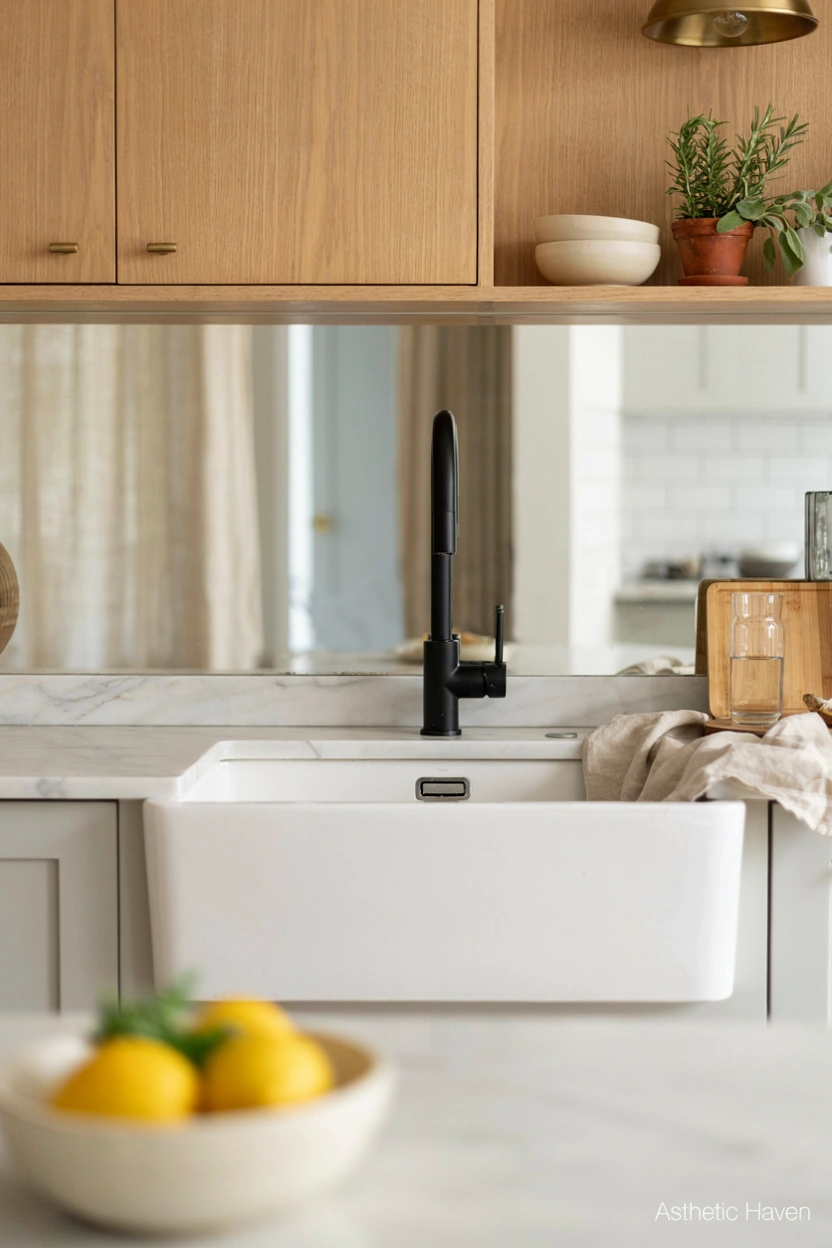 Realistic modern kitchen sink design, 2:3 aspect ratio, stylish deep farmhouse sink with sleek modern faucet, elegant countertop, contemporary cabinets, clean water area, premium kitchen fixtures, soft natural lighting, luxury editorial home photography, Pinterest-friendly composition, no people, high quality realistic style, add a small subtle watermark “Asthetic Haven”
