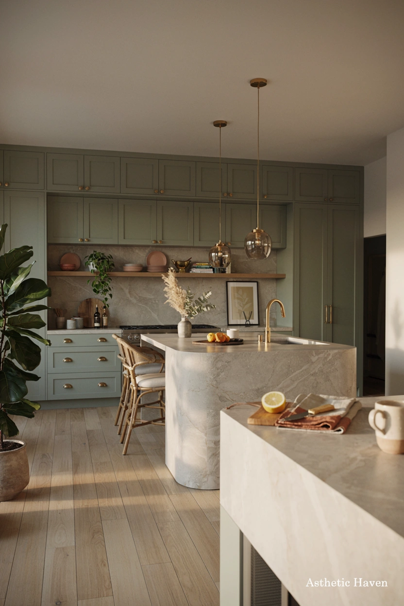 Realistic modern personalized kitchen interior, 2:3 aspect ratio, beautifully designed kitchen combining modern cabinets, unique decor pieces, artwork, plants, warm lighting, stylish accessories, elegant countertops, cozy contemporary atmosphere, luxury editorial home photography, Pinterest-friendly composition, no people, high quality realistic image, add a small subtle watermark “Asthetic Haven”