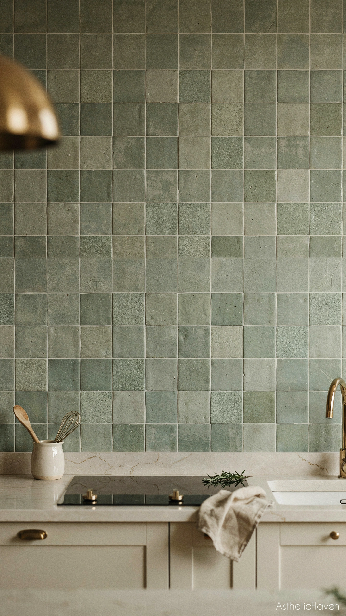 Realistic close editorial view of a stylish kitchen backsplash, glossy handmade sage-green zellige tiles extending from the stone worktop to the ceiling behind the cooker, soft cream cabinets, simple brass fixtures, subtle natural imperfections in every tile, clean worktop with minimal accessories, strong focus on the backsplash texture and colour, no people, sophisticated modern interior photography, vertical 2:3 aspect ratio, Pinterest-friendly framing, high resolution, no text overlay, small subtle “AstheticHaven” watermark in the bottom corner.