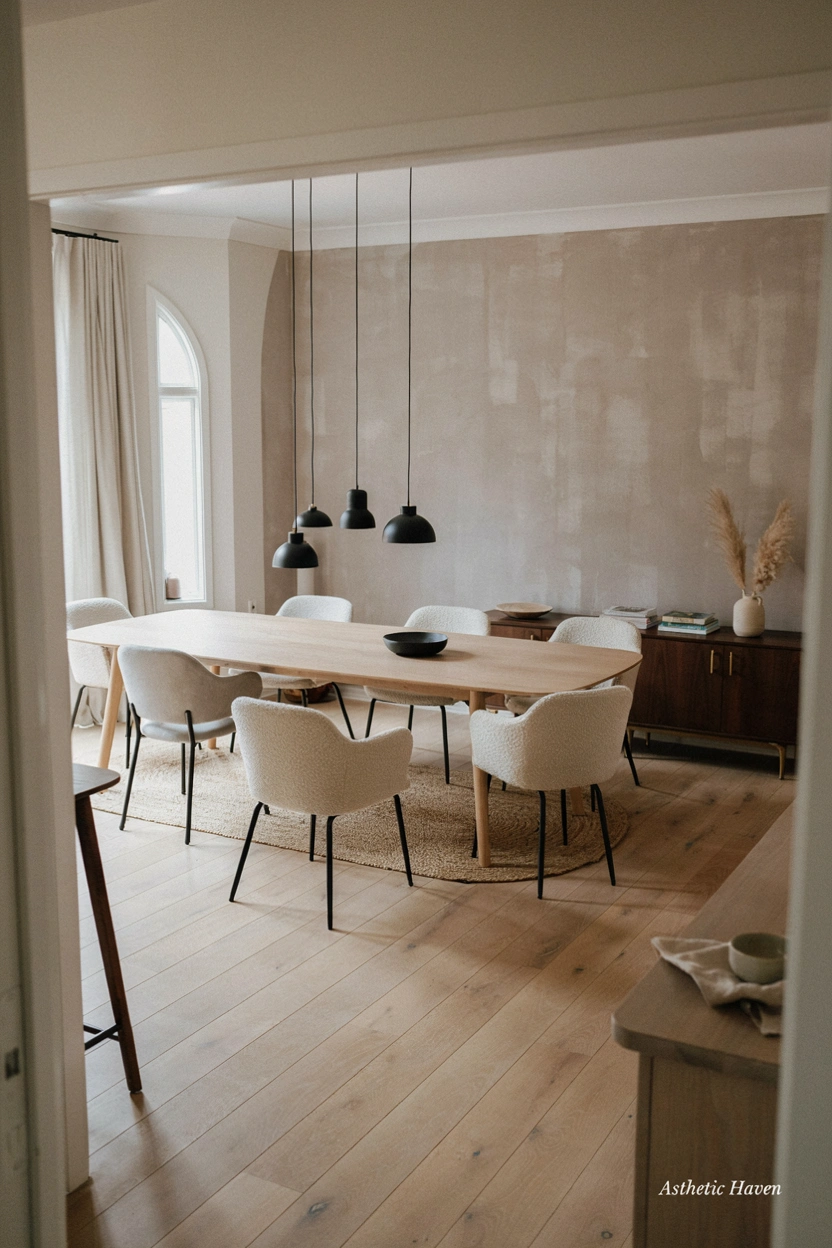 2:3 aspect ratio, realistic dining room renovation editorial photography, outdated dining area transformed into an elegant modern dining space, stylish dining table, comfortable chairs, pendant lighting, textured walls, natural wood elements, warm atmosphere, contemporary interior design, clean Pinterest-friendly composition, no people, high resolution details, subtle watermark “Asthetic Haven”