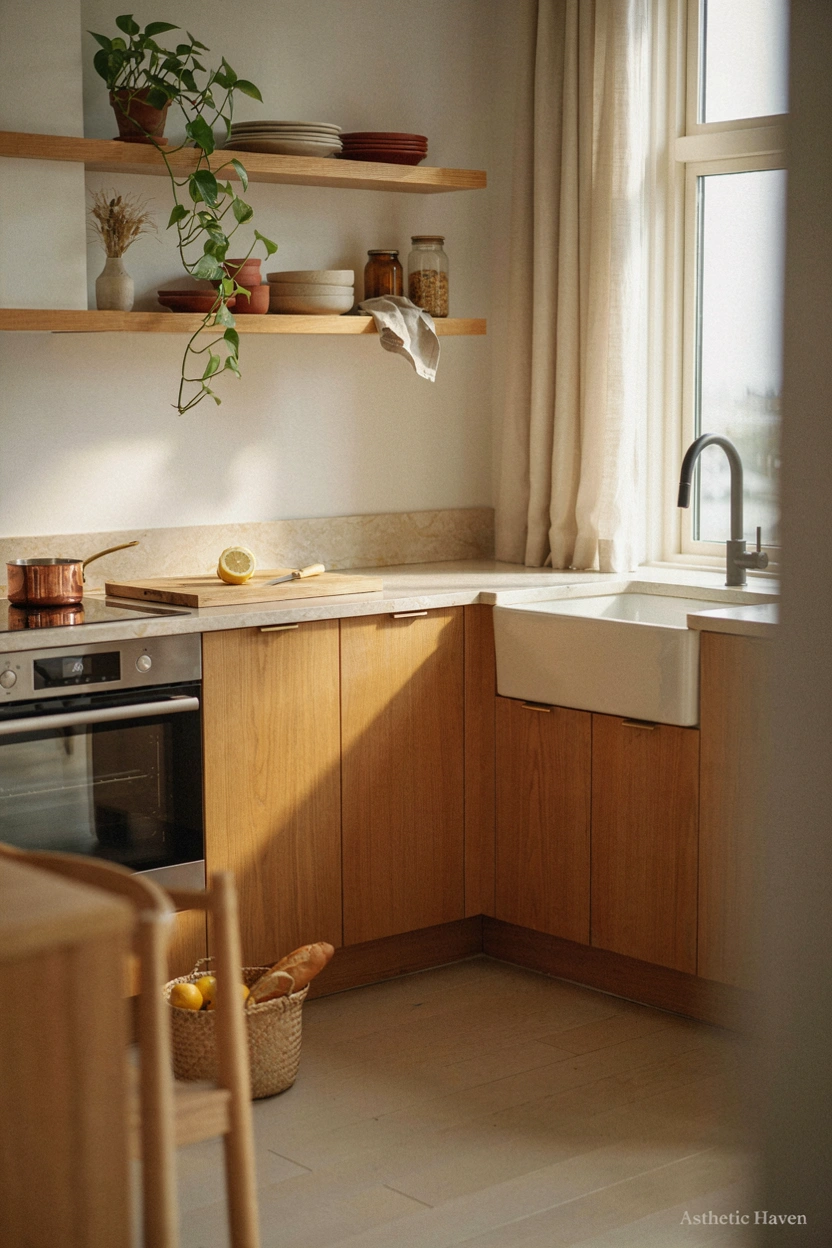 Realistic modern kitchen interior, 2:3 aspect ratio, contemporary kitchen featuring natural wood cabinets, wooden shelves, warm textures, stone countertop, modern appliances, cozy earthy color palette, soft sunlight, elegant Scandinavian-inspired design, editorial home photography, Pinterest-friendly layout, no people, high quality, add a small subtle watermark “Asthetic Haven”