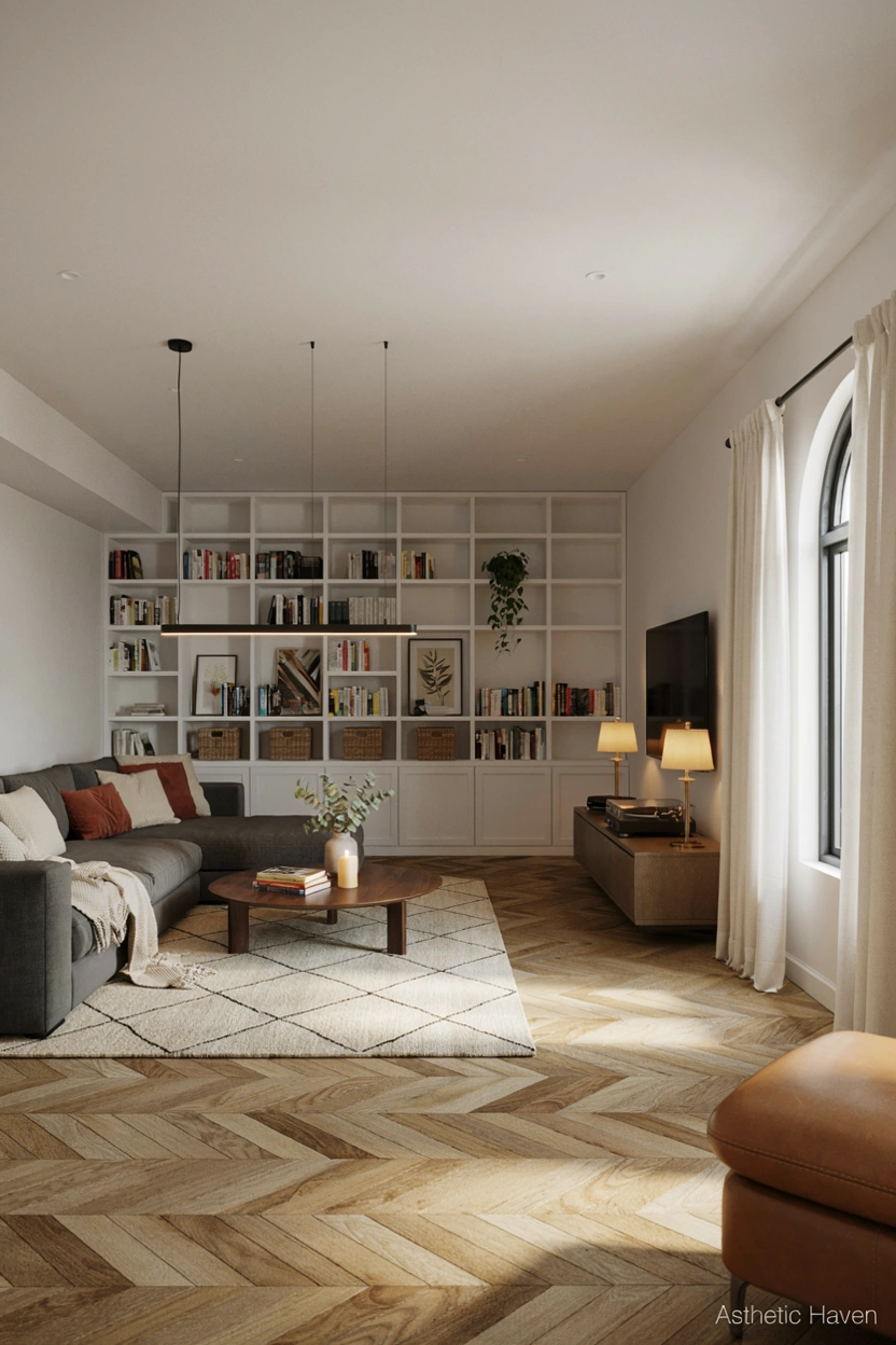 2:3 aspect ratio, realistic basement renovation editorial image, dark unused basement transformed into a bright modern living space, cozy seating area, entertainment zone, built-in shelves, warm lighting, stylish flooring, contemporary interior design, clean blog-friendly home makeover composition, no people, high quality realistic photography, subtle watermark “Asthetic Haven”