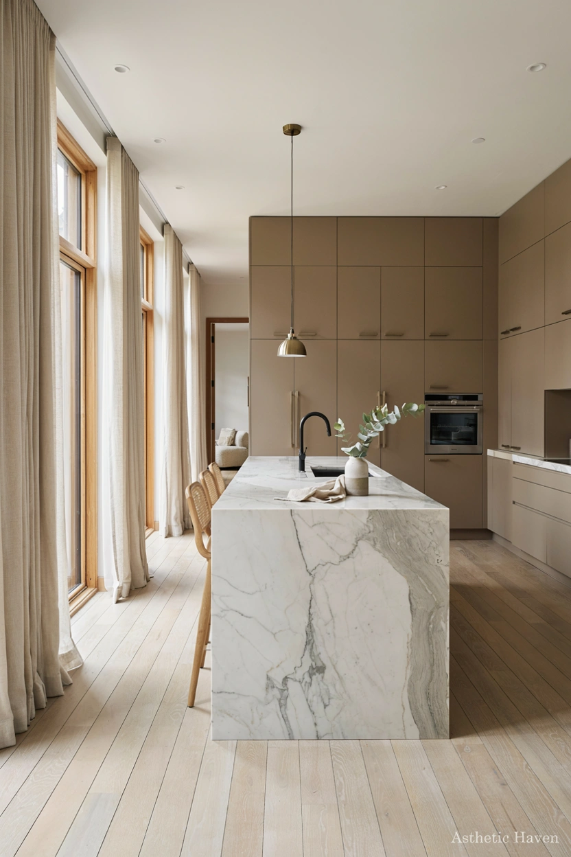 Realistic modern kitchen renovation scene, 2:3 aspect ratio, sleek handleless kitchen cabinets, matte finishes, contemporary storage design, elegant countertops, built-in appliances, minimalist luxury interior, soft natural lighting, editorial home magazine photography, clean Pinterest style, no people, high quality realistic details, add a small subtle watermark “Asthetic Haven”