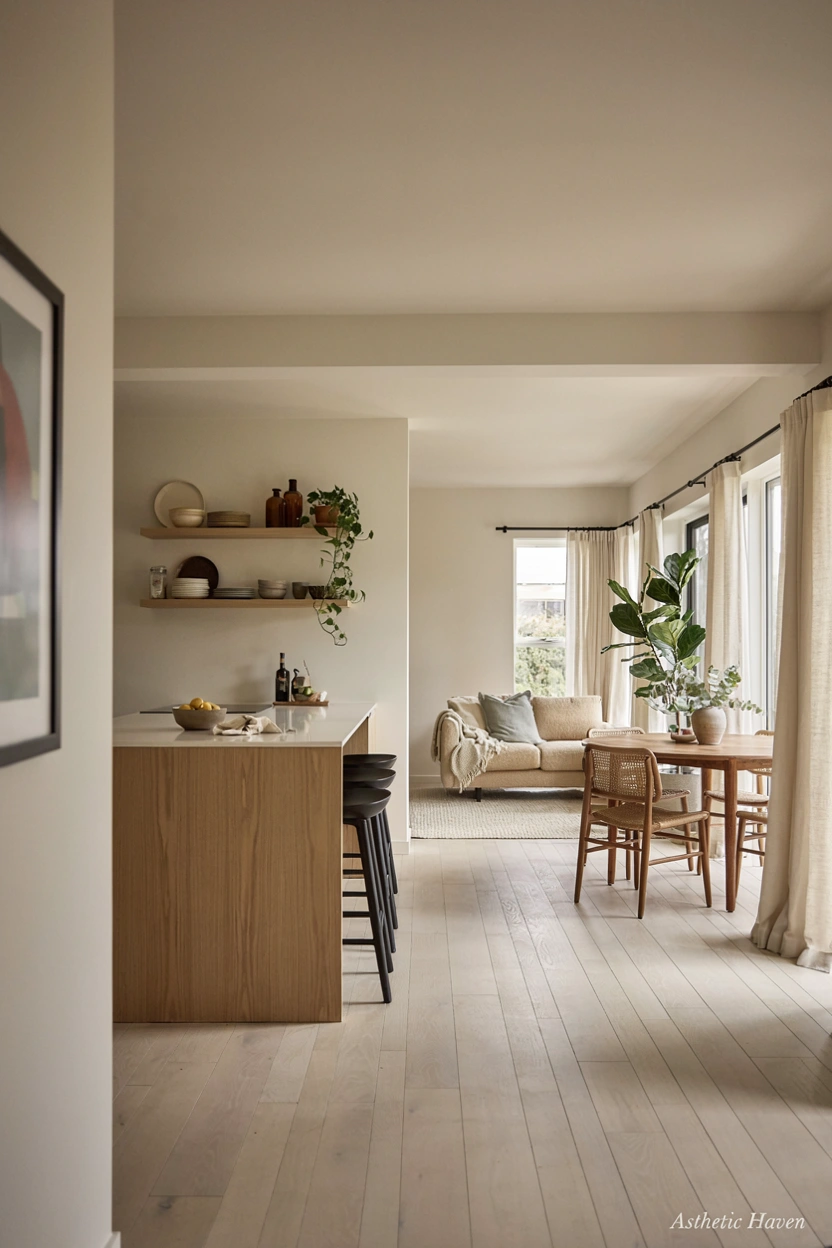 2:3 aspect ratio, realistic architectural editorial photography showing an open floor plan renovation, old separated rooms transformed into a spacious connected living and dining area, modern kitchen island, elegant furniture arrangement, natural sunlight, clean lines, contemporary home design, Pinterest-friendly composition, no people, premium realistic quality, subtle watermark “Asthetic Haven”