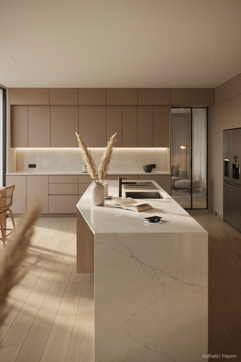 Realistic futuristic modern kitchen interior, 2:3 aspect ratio, smart kitchen technology features, built-in charging station, hidden appliances, smart lighting controls, sleek cabinets, modern countertop design, clean luxury interior, soft lighting, editorial home photography, Pinterest-friendly composition, no people, high quality, add a small subtle watermark “Asthetic Haven”