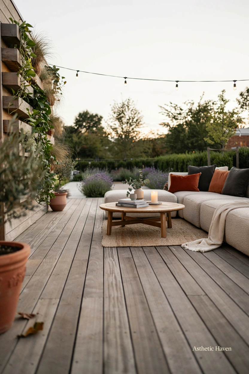 2:3 aspect ratio, realistic outdoor home renovation editorial photography, old plain backyard patio transformed into a beautiful modern outdoor living area, comfortable outdoor furniture, wooden deck, plants, soft lighting, decorative elements, cozy atmosphere, stylish landscaping, Pinterest-worthy composition, no people, high quality details, subtle watermark “Asthetic Haven”