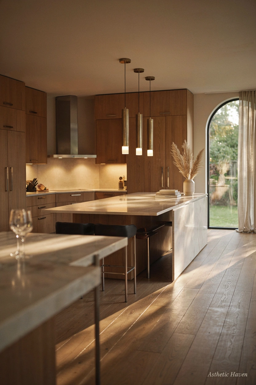 Realistic modern editorial kitchen lighting design, 2:3 aspect ratio, stylish statement pendant lights above kitchen counter, elegant fixtures, modern cabinets, warm ambient lighting, luxury kitchen atmosphere, clean contemporary interior, soft shadows, high quality home magazine photography, Pinterest-friendly composition, no people, add a small subtle watermark “Asthetic Haven”