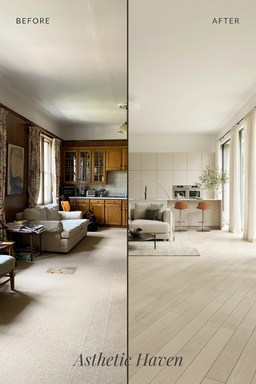 2:3 aspect ratio, realistic luxury home renovation editorial image, complete before and after house transformation showing outdated interior changed into a modern open home, renovated kitchen, living room, elegant flooring, contemporary furniture, natural lighting, cohesive interior style, architectural photography quality, no people, clean blog-friendly design, subtle watermark “Asthetic Haven”