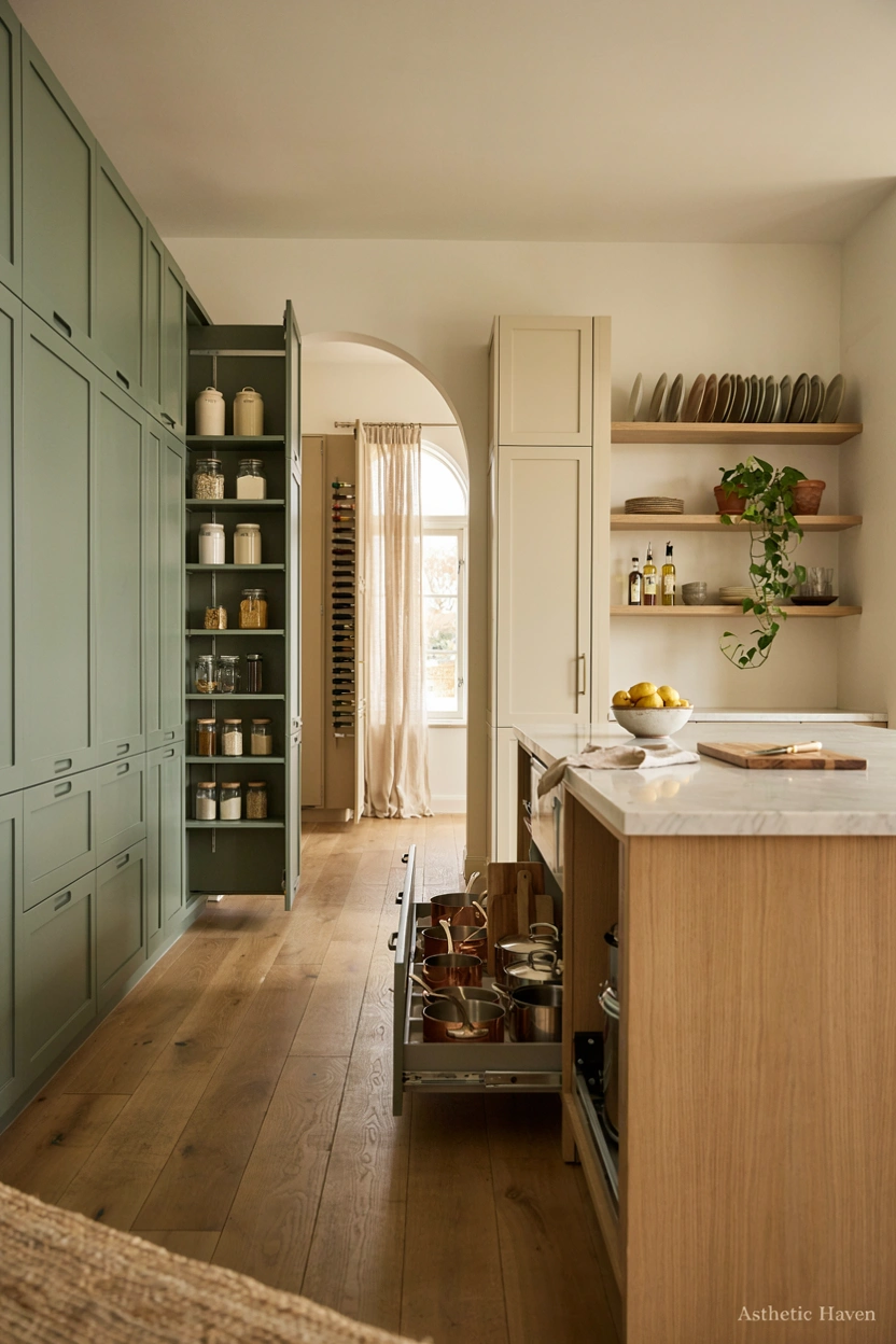Realistic modern editorial kitchen storage design, 2:3 aspect ratio, focus on smart kitchen organization with pull-out drawers, hidden cabinets, built-in shelves, organized pantry sections, sleek modern cabinetry, functional storage solutions, warm natural lighting, luxury interior photography style, Pinterest-friendly clean composition, no people, high quality, add a small subtle watermark “Asthetic Haven”