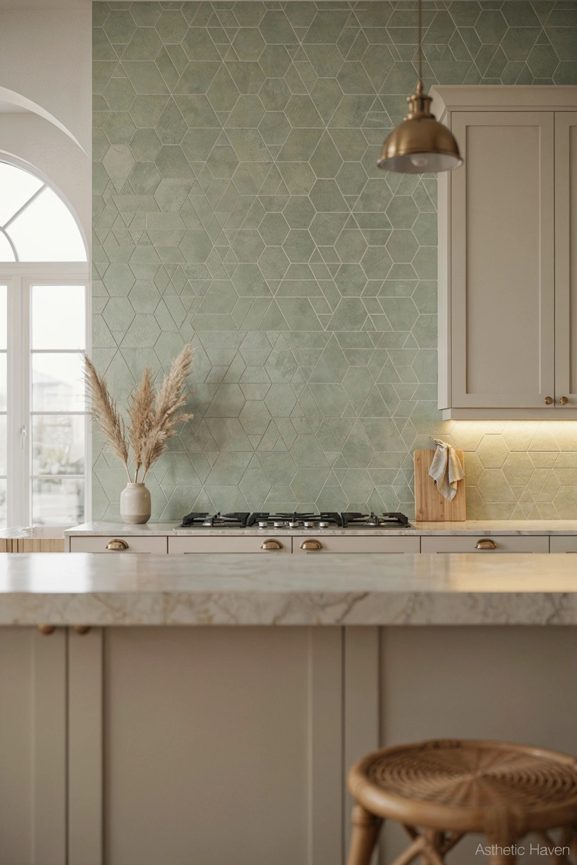 Realistic modern editorial kitchen interior, 2:3 aspect ratio, stylish kitchen backsplash as the main focus, elegant geometric tiles behind countertop, modern cabinets, sleek cooking area, marble surfaces, warm under-cabinet lighting, contemporary home design, clean Pinterest-friendly composition, no people, high quality realistic photography, add a small subtle watermark “Asthetic Haven”