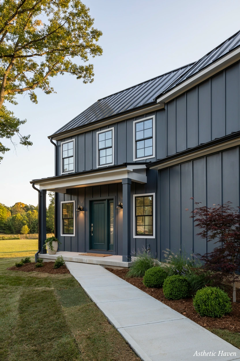 2:3 aspect ratio, realistic modern editorial exterior home renovation photography, old outdated house exterior transformed into a stylish modern home facade, fresh paint, upgraded front door, modern windows, beautiful landscaping, clean pathway, outdoor lighting, elegant architectural details, warm natural sunlight, Pinterest-friendly composition, no people, high quality realistic details, subtle watermark “Asthetic Haven”