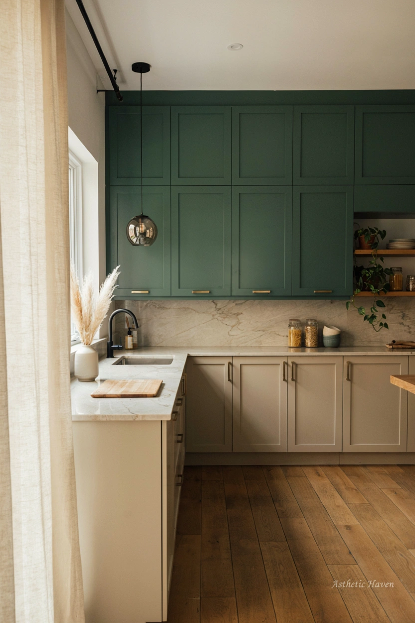 Realistic modern kitchen interior, 2:3 aspect ratio, stylish kitchen featuring contemporary color palette, soft beige cabinets, deep green accents, elegant countertops, modern decor pieces, balanced tones, warm lighting, luxury editorial photography style, Pinterest-friendly clean composition, no people, high quality realistic design, add a small subtle watermark “Asthetic Haven”