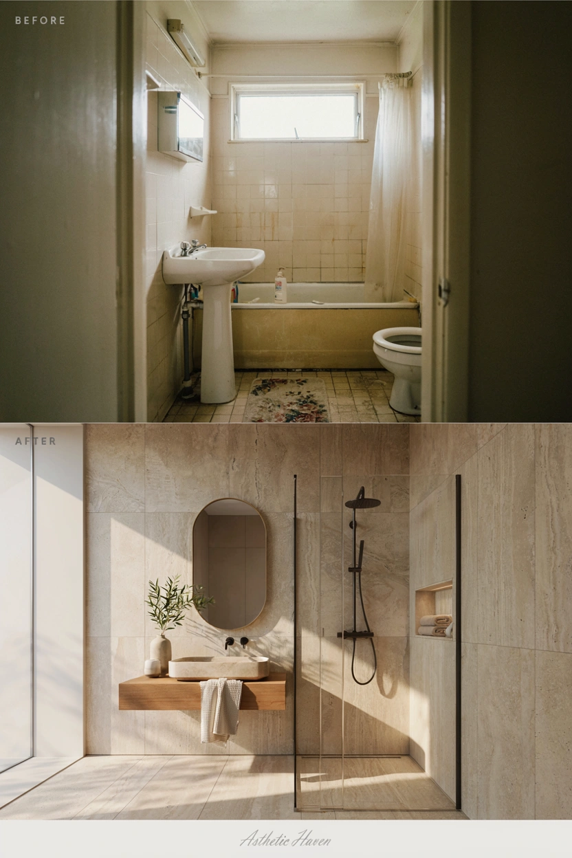 2:3 aspect ratio, realistic luxury bathroom renovation editorial photo, before and after comparison of an old cramped bathroom transformed into a modern spa-like bathroom, elegant tiles, floating vanity, glass shower enclosure, soft lighting, natural stone textures, minimal accessories, clean Pinterest home design style, no people, high quality realistic details, subtle watermark “Asthetic Haven”