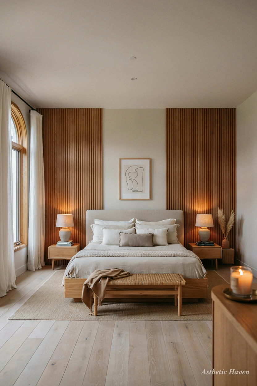 2:3 aspect ratio, realistic modern bedroom renovation photography, outdated bedroom transformed into a peaceful contemporary bedroom, elegant bed as main focus, soft bedding, warm lighting, modern wall design, wooden furniture, calming neutral colors, cozy editorial interior style, clean blog-friendly composition, no people, high resolution details, subtle watermark “Asthetic Haven”