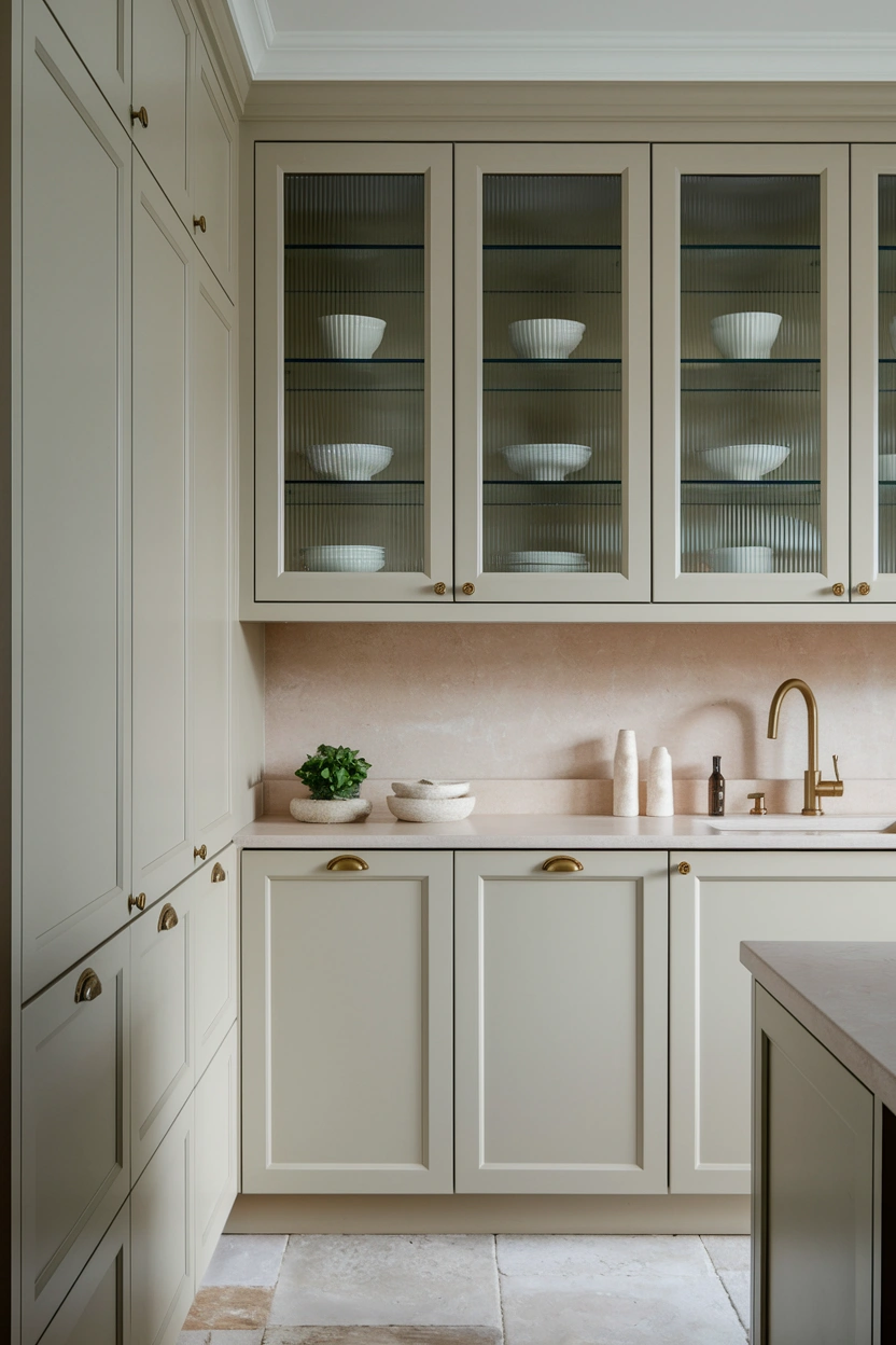 High-quality modern editorial photograph of a sophisticated kitchen displaying a balanced combination of classic Shaker cabinets, smooth flat-panel units, fluted-glass upper cupboards, and a natural wood cabinet section, ceiling-height storage, simple brass handles, pale stone counters, carefully styled ceramics behind glass, clean architectural lines, soft daylight, realistic materials and textures, uncluttered Pinterest and blog-friendly composition, strong focus on the cabinet styles and finishes, no people, no text overlay, 2:3 vertical aspect ratio, subtle “AstheticHaven” watermark in the lower corner.
