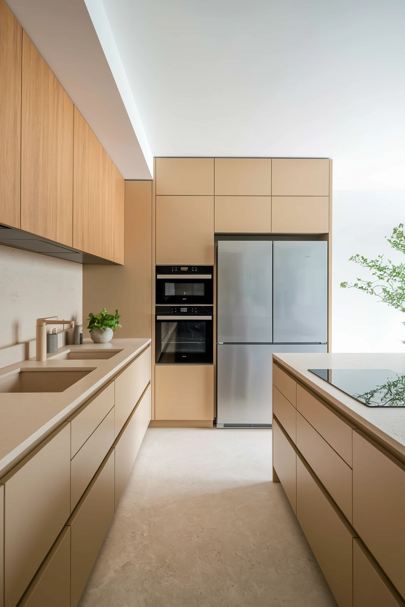 High-quality realistic editorial kitchen photograph with fully integrated refrigerator, concealed dishwasher, built-in oven, flush induction hob, smooth handleless cabinets, warm beige and natural oak palette, pale stone worktops, clean uninterrupted cabinet lines, soft natural light, minimal accessories, sophisticated modern atmosphere, strong focus on seamless integrated appliances, no people, no text overlay, blog-friendly and Pinterest-ready 2:3 vertical composition, small subtle “AstheticHaven” watermark in the lower corner.