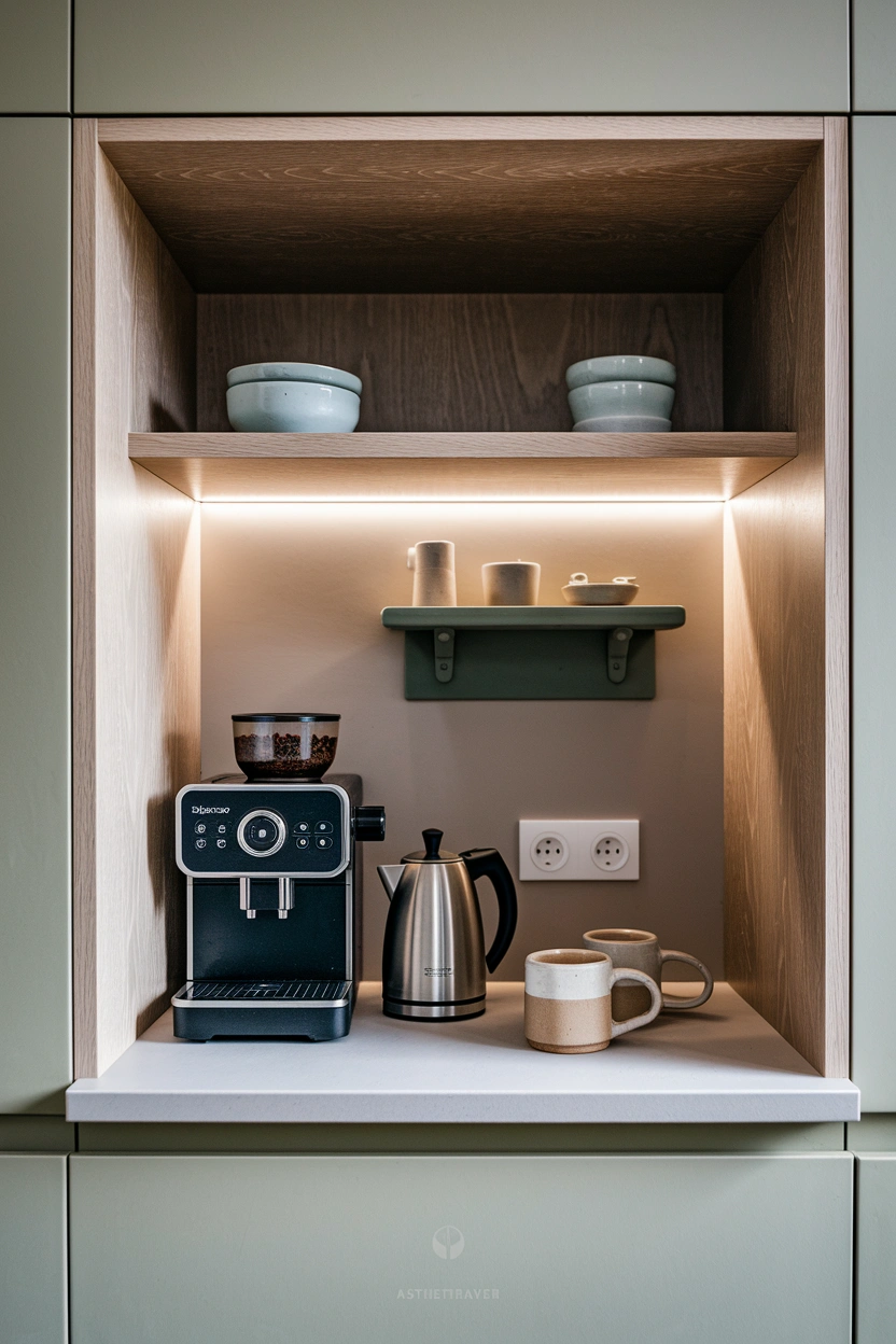 Realistic close editorial kitchen photograph of a stylish built-in coffee station with espresso machine, electric kettle, ceramic mugs, small shelf for coffee beans, hidden storage drawers, warm oak cabinet interior, pale stone counter, subtle under-shelf lighting, clean organised styling, strong focus on the coffee preparation area, no people, no text overlay, high-resolution Pinterest-friendly 2:3 vertical composition, small subtle “AstheticHaven” watermark in the lower corner.