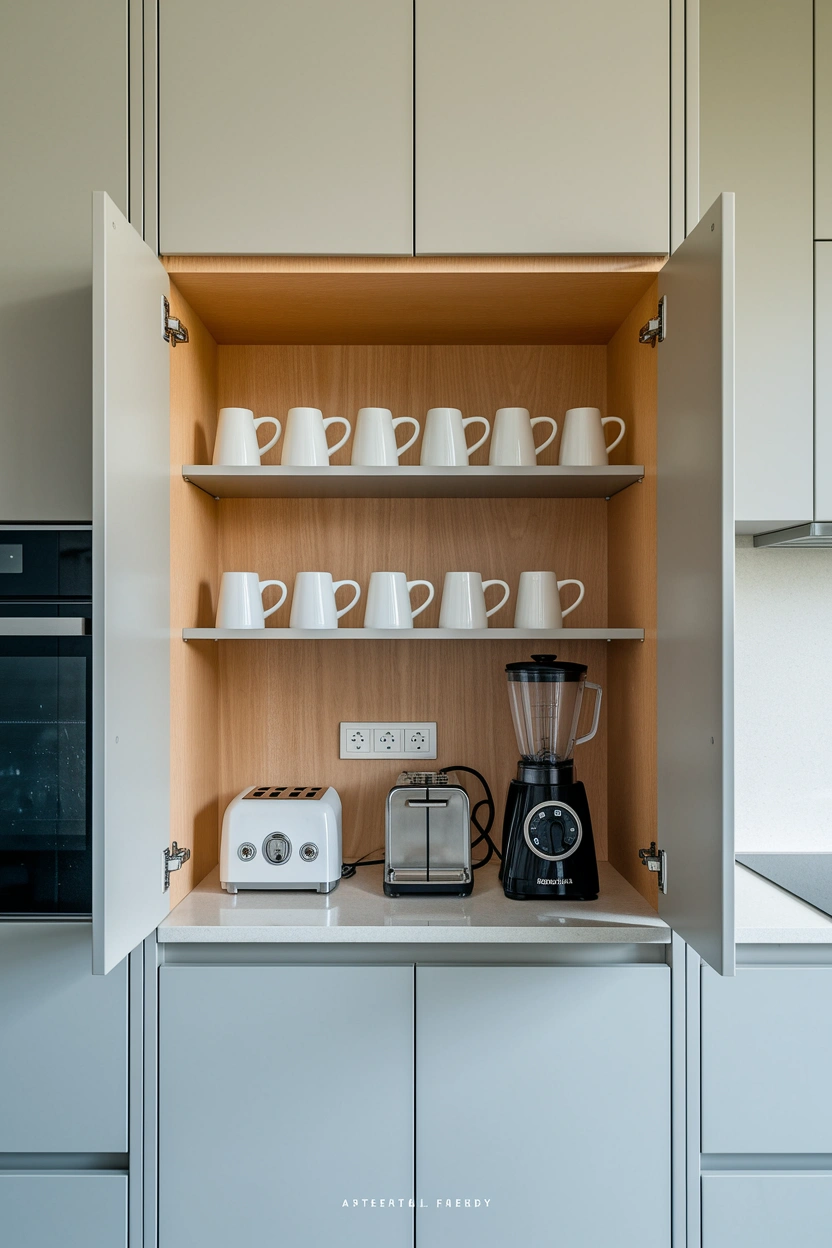 Realistic close editorial view of a modern kitchen appliance garage with retractable cabinet doors opened to reveal a toaster, coffee machine, blender, and neatly arranged mugs, integrated electrical sockets, warm oak cabinet interior, pale quartz worktop, clean surrounding cabinetry, soft natural lighting, organised and practical appearance, strong focus on concealed small-appliance storage, no people, no text overlay, Pinterest-friendly 2:3 vertical composition, premium high-resolution detail, small subtle “AstheticHaven” watermark near the bottom.
