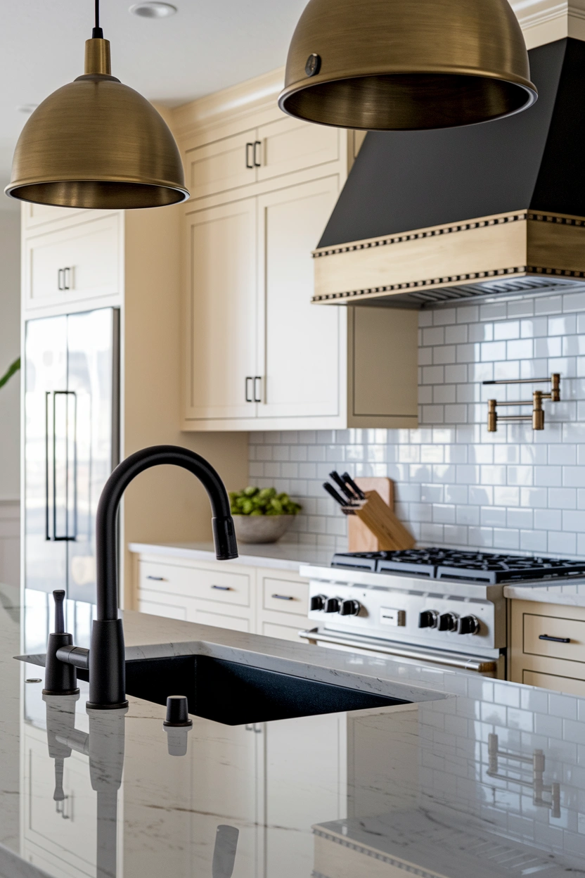 Realistic editorial close-up of a sophisticated kitchen combining brushed brass cabinet handles, a matte black tap, stainless-steel cooker, and aged bronze pendant lights, warm white cabinetry, veined quartz worktop, balanced modern styling, soft natural daylight, clean reflective details, strong focus on the coordinated mixed-metal finishes, no people, no text overlay, high-resolution Pinterest-friendly 2:3 vertical composition, small subtle “AstheticHaven” watermark placed discreetly in the lower corner.