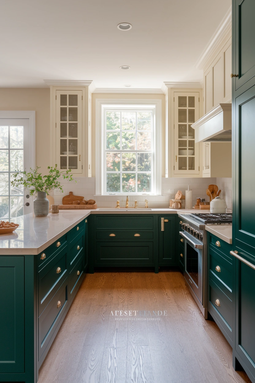 Realistic editorial interior photograph of an elegant two-tone kitchen featuring deep forest-green lower cabinets, warm cream upper cabinets, pale quartz worktops, brushed brass hardware, natural oak flooring, and soft neutral walls, balanced use of light and dark colours, gentle natural daylight, inviting atmosphere, clean and uncluttered blog-friendly composition, strong focus on the kitchen colour palette and cabinet contrast, no people, no text overlay, premium high-resolution photography, Pinterest-ready 2:3 vertical aspect ratio, small subtle “AstheticHaven” watermark near the bottom edge.