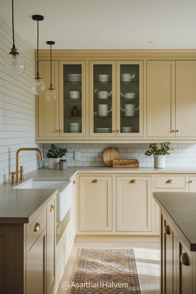 Realistic editorial kitchen photograph blending modern and vintage design, featuring simple warm-white cabinets, brushed brass taps and handles, an apron-front farmhouse sink, fluted-glass cupboard doors, a faded vintage-style runner, slim modern pendant lighting, pale stone counters, and streamlined integrated storage, balanced old-and-new atmosphere, soft morning daylight, clean Pinterest and blog-friendly styling, strong focus on the vintage details within the modern kitchen, no people, no text overlay, high-resolution 2:3 vertical composition, small subtle “AstheticHaven” watermark near the bottom.