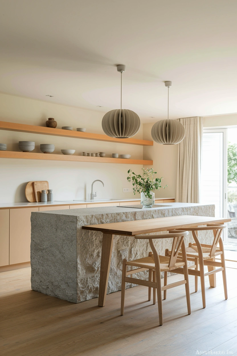 Realistic editorial kitchen photograph featuring a stone island with an attached lower natural oak dining table, four simple chairs, warm neutral cabinetry, sculptural pendant lights, pale wood flooring, clean counters, soft daylight, seamless transition between preparation and dining zones, strong focus on integrated island seating, no people, no text overlay, high-resolution Pinterest and blog-friendly 2:3 vertical composition, subtle “AstheticHaven” watermark near the bottom edge.