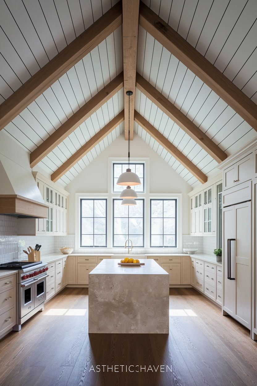 Realistic editorial kitchen photograph with a striking ceiling treatment featuring exposed natural oak beams, soft white tongue-and-groove panels, warm pendant lights, pale cabinets, central stone island, bright daylight from large windows, balanced architectural composition, clean and inviting styling, strong focus on the detailed ceiling above the kitchen, no people, no text overlay, high-resolution Pinterest and blog-friendly 2:3 vertical image, subtle “AstheticHaven” watermark near the bottom edge.