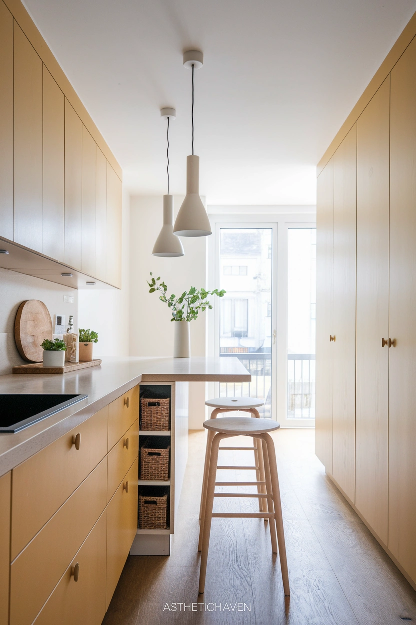 Realistic editorial photograph of a compact modern kitchen with a practical peninsula extending from the cabinets, pale quartz worktop, storage drawers below, two tucked-in counter stools, warm white cabinetry, natural oak floor, pendant lighting, clear walkway, bright natural daylight, clean blog-friendly composition, strong focus on the space-saving peninsula, no people, no text overlay, high-resolution 2:3 vertical Pinterest image, small subtle “AstheticHaven” watermark near the bottom.
