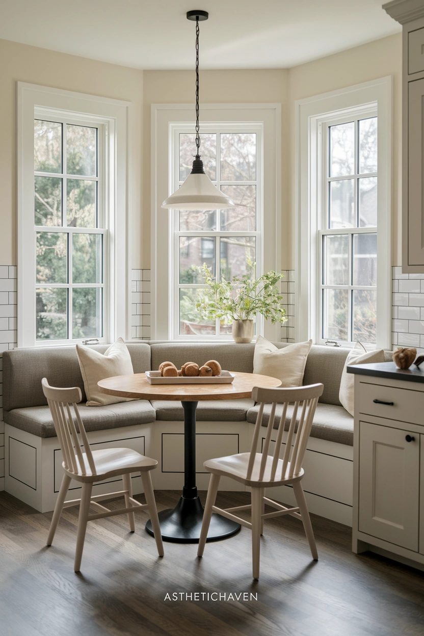 Realistic editorial photograph of a cosy kitchen breakfast nook beside a bright window, built-in upholstered bench seating, round oak dining table, two simple chairs, soft neutral cushions, warm pendant light, pale cabinetry nearby, natural morning sunlight, uncluttered surfaces, inviting family-friendly atmosphere, strong focus on the breakfast nook and seating arrangement, no people, no text overlay, clean Pinterest-friendly styling, high-resolution 2:3 vertical composition, subtle “AstheticHaven” watermark at the bottom edge.