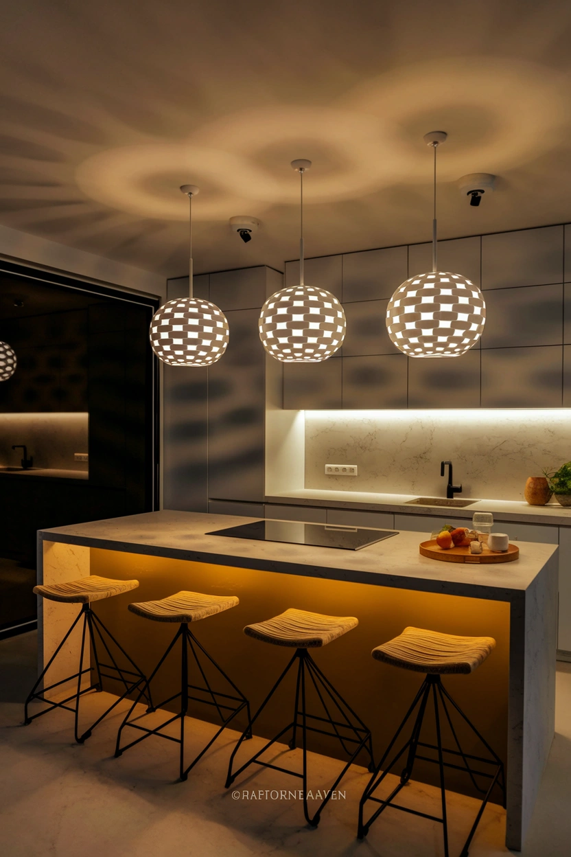 Realistic evening editorial photograph of a modern kitchen with layered illumination, three sculptural pendant lights above the island, warm under-cabinet task lighting, subtle recessed ceiling lights, and a small statement chandelier over a breakfast nook, soft reflections across stone worktops, dimmable warm atmosphere, balanced pools of light, clean cabinets and minimal styling, strong focus on the different kitchen lighting layers, no people, no text overlay, premium blog and Pinterest composition, 2:3 vertical aspect ratio, small subtle “AstheticHaven” watermark near the bottom.