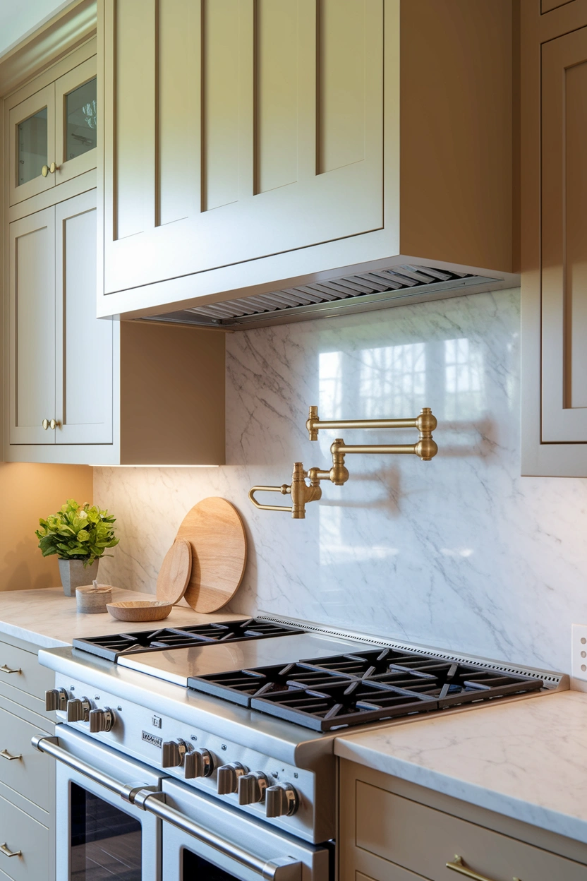Realistic luxury editorial close-up of a kitchen hob wall with a brushed brass wall-mounted pot filler above a professional range cooker, pale marble-look splashback, warm white cabinets, minimal cookware, soft under-cabinet lighting, balanced symmetrical composition, strong focus on the pot filler and cooking area, no people, no text overlay, premium high-resolution Pinterest-friendly 2:3 vertical image, small subtle “AstheticHaven” watermark in the bottom corner.