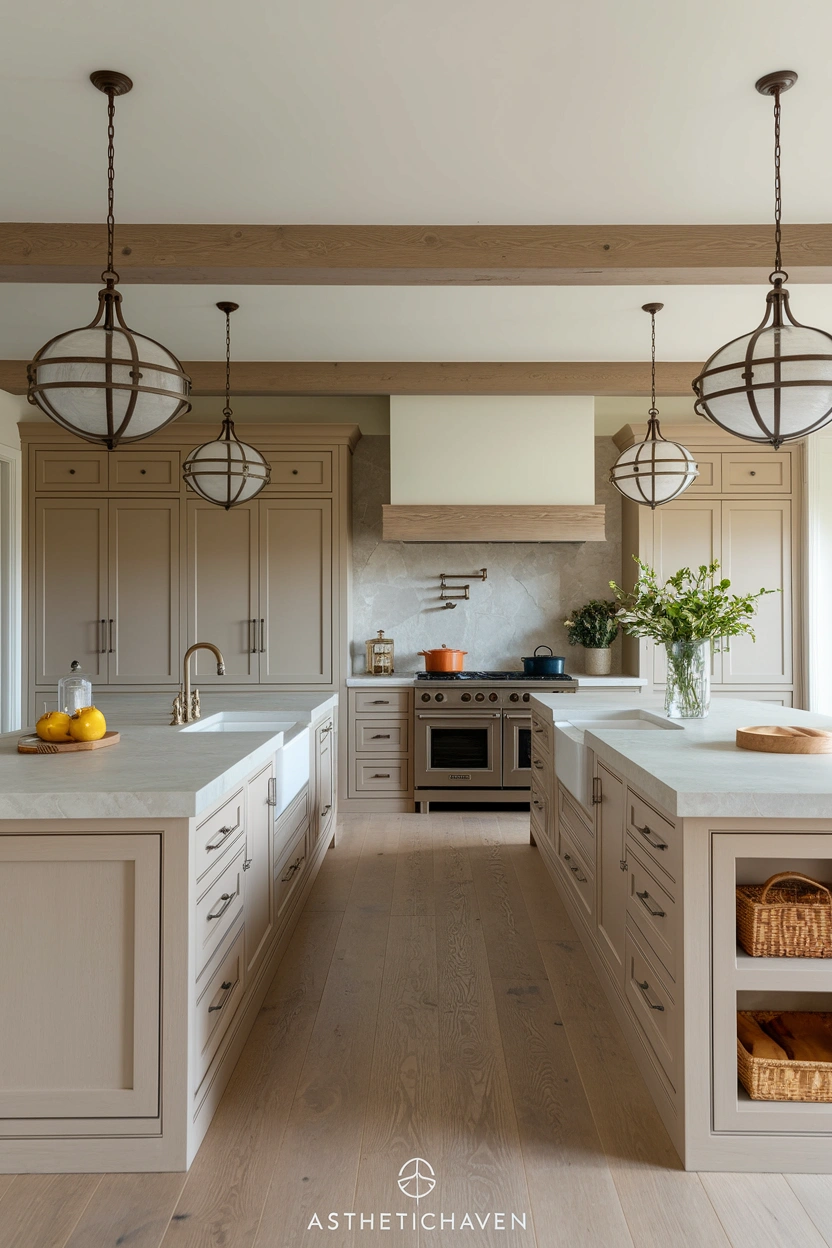 Realistic luxury editorial photograph of a spacious kitchen with two coordinated islands, one dedicated to food preparation with a sink and storage, the other designed for seating and casual dining, warm taupe cabinets, pale stone surfaces, natural oak accents, wide comfortable walkways, elegant pendant lighting, soft daylight, strong focus on the functional double-island layout, no people, no text overlay, premium Pinterest-friendly 2:3 vertical composition, subtle “AstheticHaven” watermark at the bottom.