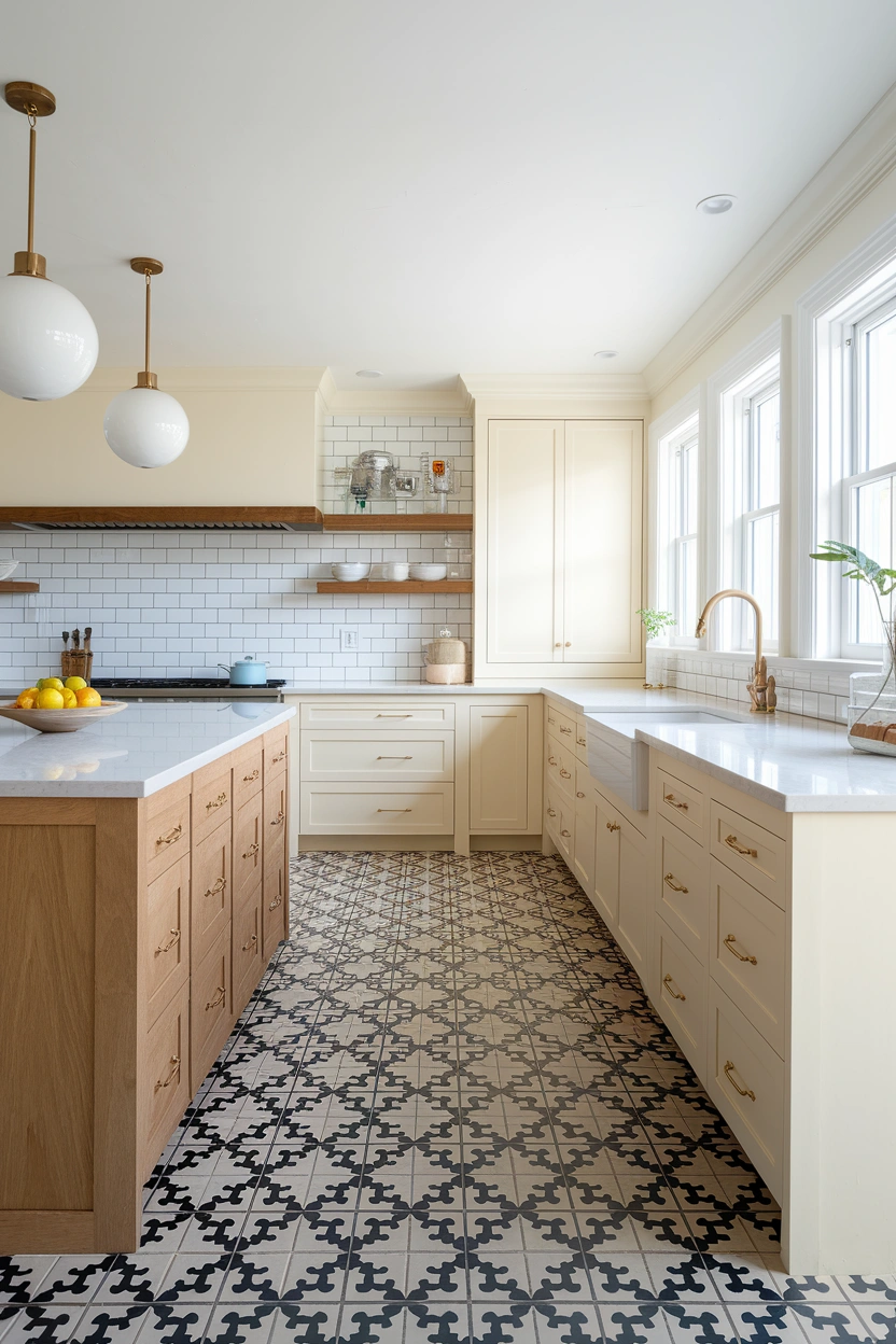 Realistic modern editorial kitchen photograph with striking black-and-cream patterned floor tiles, simple warm-white cabinets, natural oak island, pale quartz surfaces, minimal brass fixtures, bright daylight, uncluttered counters, balanced composition, strong visual focus on the patterned kitchen floor, sophisticated yet practical family-home styling, no people, no text overlay, high-quality Pinterest and blog-friendly image, 2:3 vertical aspect ratio, small subtle “AstheticHaven” watermark near the lower edge.