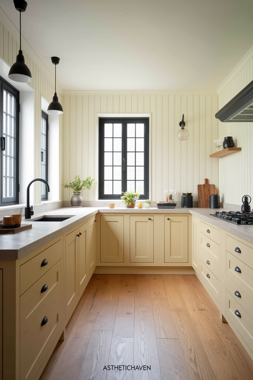 Realistic modern editorial kitchen photograph featuring warm cream cabinets, pale stone counters, natural wood flooring, slim black window frames, matte black tap, black pendant lights, and small black cabinet handles, bright natural daylight, airy uncluttered styling, balanced use of dark accents, strong focus on black details throughout the kitchen, no people, no text overlay, high-resolution Pinterest-friendly 2:3 vertical composition, subtle “AstheticHaven” watermark near the bottom.