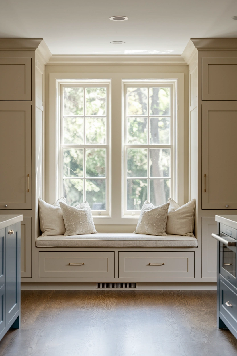 Realistic modern editorial kitchen photograph featuring a built-in window seat beneath a wide sunlit window, deep storage drawers below, neutral upholstered cushion, soft patterned pillows, nearby pale cabinetry, oak floor, small side table, warm natural light, peaceful uncluttered atmosphere, strong focus on the kitchen window seat, no people, no text overlay, high-quality Pinterest and blog-friendly 2:3 vertical composition, small subtle “AstheticHaven” watermark in the lower corner.